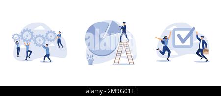 businessman and businesswoman team up to help connect gear or cogwheels together, Wealth Management and Asset Allocation, happy business people celebr Stock Vector