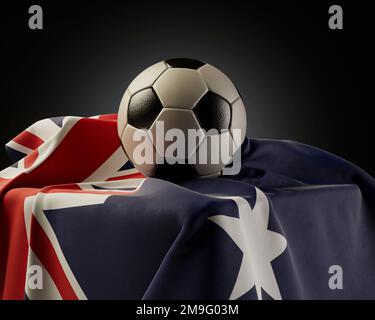 A regular soccer balls resting on an Australia flag draped over a plinth on an isolated studio background - 3D render Stock Photo