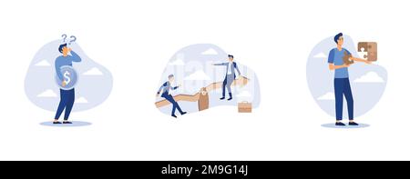 where to invest, financial asset value going up and down or profit growth rising up concept, smart businessman solving jigsaw puzzle problem, set flat Stock Vector