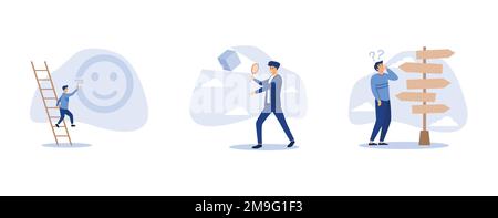 happy boy climb up ladder to paint smile face on the wall, analyze product prototype or competitor, work direction or choose the right way to success Stock Vector