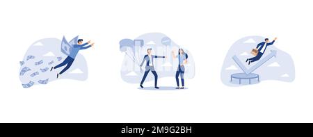 Financial success, businessman holding group of speech bubble balloons as member opinions, businessman jump bouncing high on trampoline with green ris Stock Vector