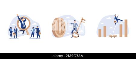 Outstanding winner candidate for job position, financial key success, strong businessman jumping from trampoline back to top of growing bar graph, set Stock Vector
