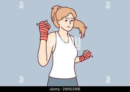 Strong woman with boxing bandages on hands looks at camera inviting to fight or play sports. Beautiful athletic girl is engaged in fitness or learning self-defense techniques. Flat vector image Stock Vector