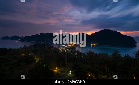 Night view of the city from Phi Phi island viewpoint. Long exposure ...