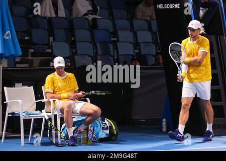 Melbourne, Australia. 18th Jan, 2023. Melbourne, Australia. January 18, 2023. Botic van de Zandschulp of the Netherlands and Tallon Griekspoor of the Netherlands during the 2023 Australian Open at Melbourne Park on January 18, 2023 in Melbourne, Australia ( Credit: BSR Agency/Alamy Live News Stock Photo