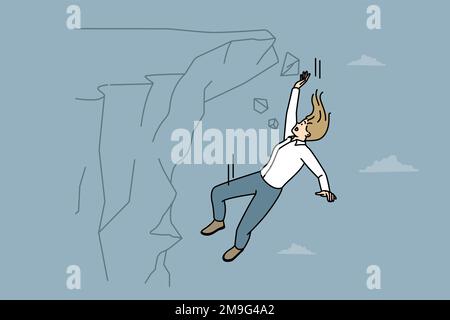 Scared businesswoman fall from cliff suffer from failure or loss at work. Unhappy terrified female employee falling from rock failed with project. Vector illustration.  Stock Vector