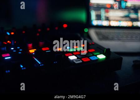 music mixer DJ controller Board for professional mixing of electronic music Stock Photo