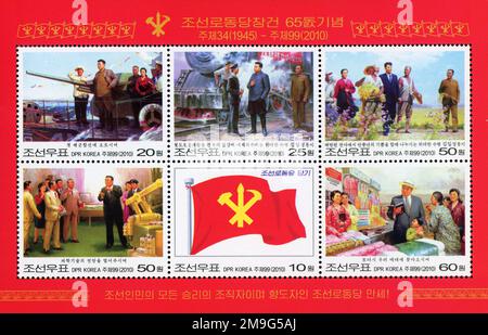 2010 North Korea stamp set.  The 65th Anniversary of the Workers Party of Korea Stock Photo