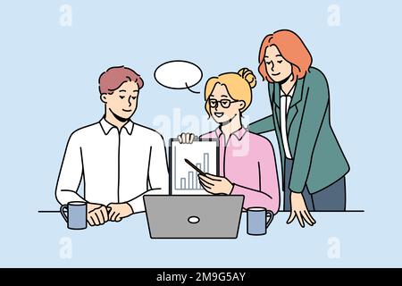 Smiling businesspeople talk on video call on computer make presentation. Happy employees present business project together on webcam conference on laptop. Vector illustration.  Stock Vector