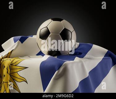A regular soccer balls resting on a Uruguay flag draped over a plinth on an isolated studio background - 3D render Stock Photo