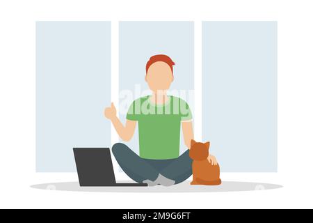 Man sitting and stroking his cat. Vector illustration. Stock Vector