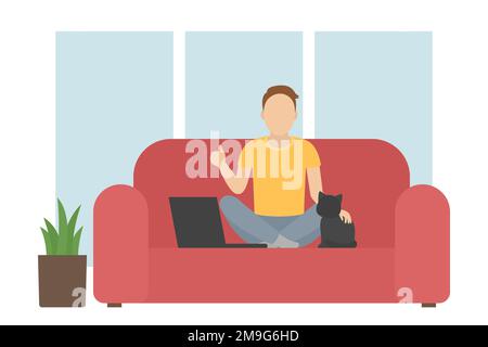 Man sitting on couch and stroking cat. Vector illustration. Stock Vector