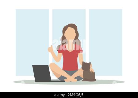 Woman sitting and stroking her cat. Vector illustration. Stock Vector