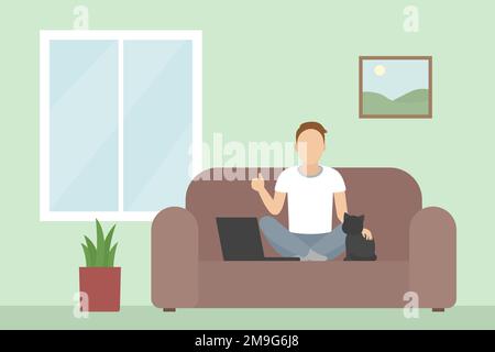 Man sitting on divan and stroking cat. Vector illustration. Stock Vector