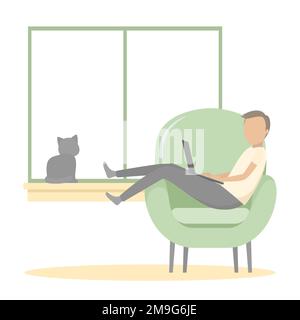 Man relaxing in armchair with laptop. Vector illustration. Stock Vector