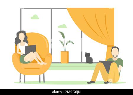 Couple of freelancers working home. Vector illustration. Stock Vector