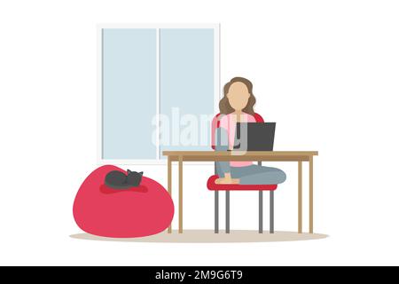 Woman sitting at table and working on laptop. Vector illustration. Stock Vector