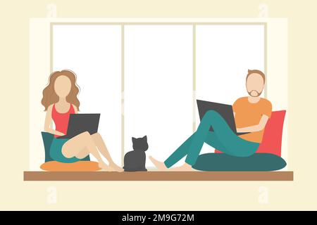 Man and woman sitting on windowsill with laptops. Vector illustration. Stock Vector