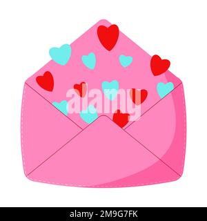 Pink Vector envelope. Illustration of the opened envelope with hearts. Stock Vector