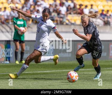 Wellington, New Zealand, January 18th 2023: Olivia Chance (11 USA) takes on Ashleigh Ward (30 New Zealand) during the International Friendly between Credit: SPP Sport Press Photo. /Alamy Live News Stock Photo