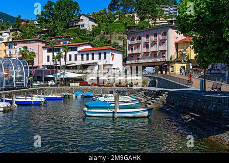 Waterfront of old town of Ascona with moored boats on shore of Lake Maggiore, Ticino Canton, Switzerland Stock Photo