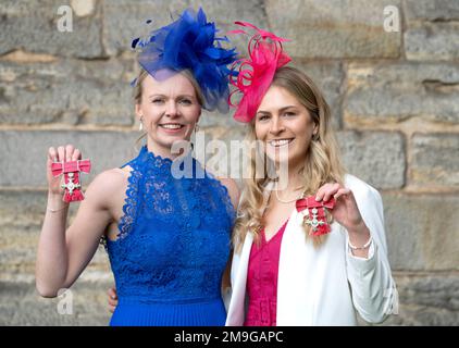 Victoria Drummond (left) and Mili Smith after being made Members of the Order of the British Empire during an investiture ceremony at Palace Of Holyroodhouse, Edinburgh. Picture date: Wednesday January 18, 2023. Stock Photo