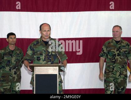 (L to R) Brigadier General Mark Volcheff, Commander 86th Airlift Wing, Ramstein Air Base, Germany, General (GEN) Gregory S. Martin, US Air Forces Europe commander, and GEN Michael Ryan, Air Force CHIEF of STAFF, during an all hands call with GEN Ryan during his final visit to Ramstein Air Base, on 26 Jul 01. Base: Ramstein Air Base State: Rheinland-Pfalz Country: Deutschland / Germany (DEU) Scene Major Command Shown: USAFE Stock Photo