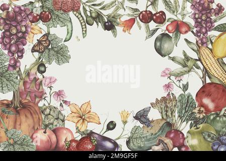 Fresh fruits vegetables vector frame hand-drawn Stock Vector