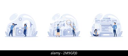 IT profession collection. Programmer write software and create code for computer. Coding script for project and app, set flat vector modern illustrati Stock Vector
