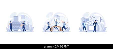 IT profession collection. Programmer write software and create code for computer. Coding script for project and app, set flat vector modern illustrati Stock Vector