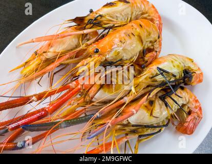 Closeup of the grilled river prawns on the white plate for sale in the local restaurant,  front view for the background. Stock Photo