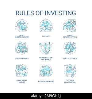 Rules of investing turquoise concept icons set Stock Vector