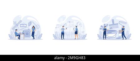 IT profession collection. Programmer write software and create code for computer. Coding script for project and app, set flat vector modern illustrati Stock Vector