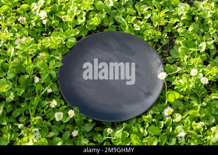 empty black plate on green meadow background Stock Photo
