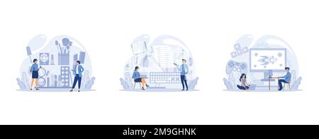IT profession set. Programmer write software and create code for computer. Coding script for project and app, set flat vector modern illustration Stock Vector