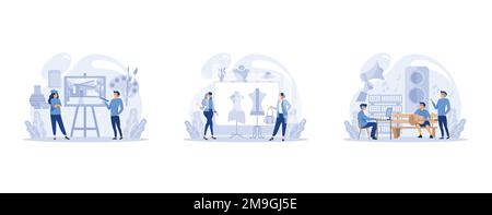IT profession set. Programmer write software and create code for computer. Coding script for project and app, set flat vector modern illustration Stock Vector