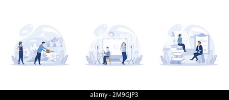 IT profession set. Programmer write software and create code for computer. Coding script for project and app, set flat vector modern illustration Stock Vector