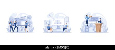 IT profession set. Programmer write software and create code for computer. Coding script for project and app, set flat vector modern illustration Stock Vector