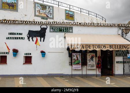 Facade of the Bullring (Plaza de Toros) in Mijas Pueblo, typical white-washed hillside village (Pueblo Blanco). Costa del Sol, Andalusia, Spain. Stock Photo