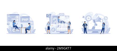 IT profession set. Programmer write software and create code for computer. Coding script for project and app, set flat vector modern illustration Stock Vector