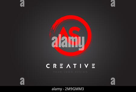Red AS Circular Letter Logo with Circle Brush Design and Black Background. Stock Vector