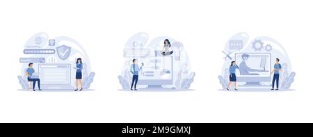 IT profession set. Programmer write software and create code for computer. Coding script for project and app, set flat vector modern illustration Stock Vector
