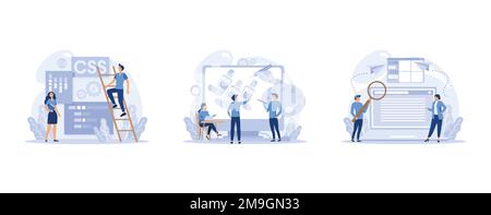 IT profession set. Programmer write software and create code for computer. Coding script for project and app, set flat vector modern illustration Stock Vector