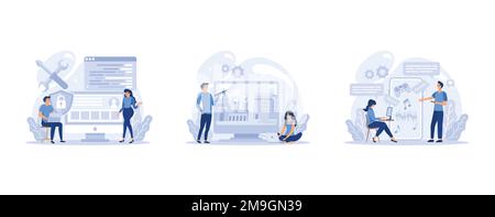IT profession set. Programmer write software and create code for computer. Coding script for project and app, set flat vector modern illustration Stock Vector