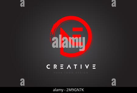 Red NE Circular Letter Logo with Circle Brush Design and Black Background. Stock Vector