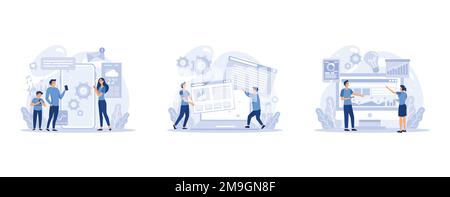 IT profession set. Programmer write software and create code for computer. Coding script for project and app, set flat vector modern illustration Stock Vector