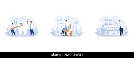 Dentist web banner or landing page set. Dental doctor in uniform treating human teeth using medical equipment. Idea of dental and oral hygiene, set fl Stock Vector