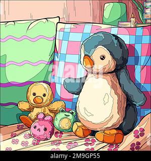 illustration of stuffed penguins and ducks on the sofa Stock Photo