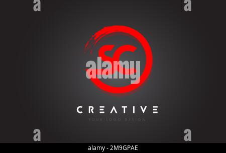 Red SC Circular Letter Logo with Circle Brush Design and Black Background. Stock Vector