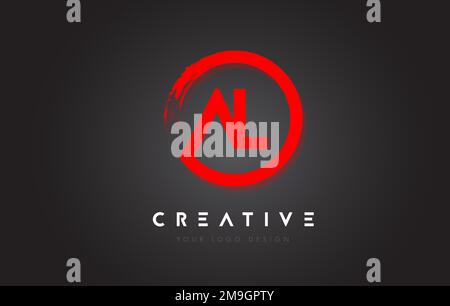 Red AL Circular Letter Logo with Circle Brush Design and Black Background. Stock Vector